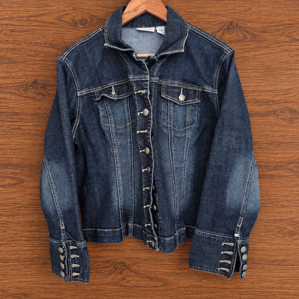 Chico's Platinum Denim Jacket Women's Size 3 Dark Blue Stretch Button Cuffs